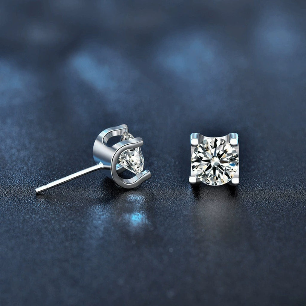 Four-Prong Round Moissanite Stud Earrings in White Gold-Plated S925 sterling silver product scene view showing angled setting detail