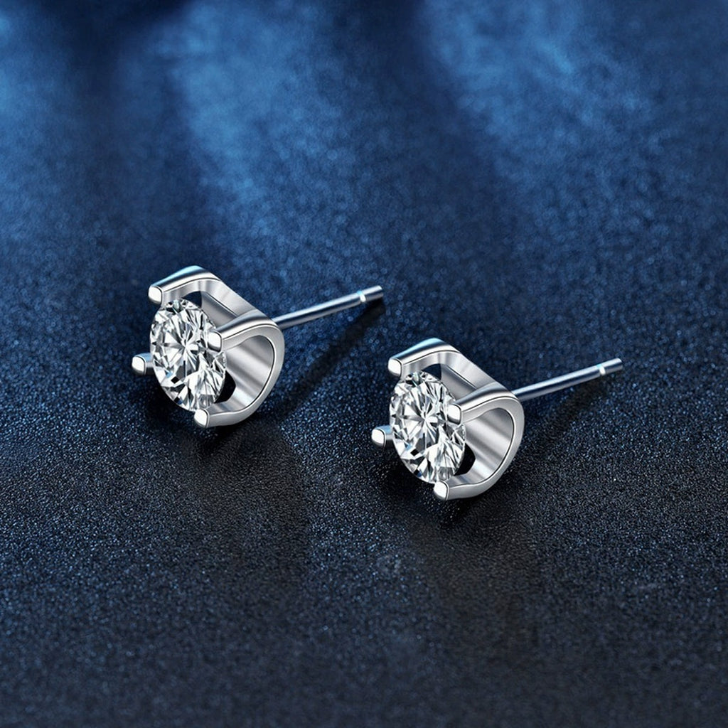 Four-Prong Round Moissanite Stud Earrings in White Gold-Plated S925 sterling silver product scene view showing side profile