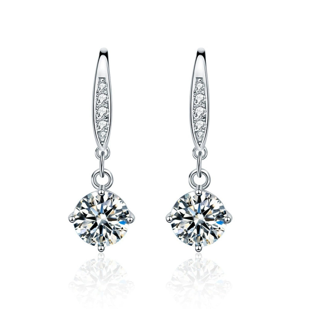 Round Moissanite Solitaire Hook Dangle Earrings in White Gold-Plated S925 sterling silver white background product photo showing the pair, stone shape, and hook dangle earrings silhouette