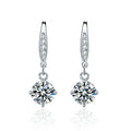 Round Moissanite Solitaire Hook Dangle Earrings in White Gold-Plated S925 sterling silver white background product photo showing the pair, stone shape, and hook dangle earrings silhouette