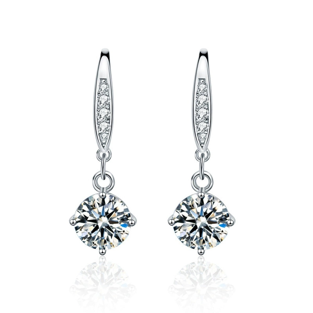 Round Moissanite Solitaire Hook Dangle Earrings in White Gold-Plated S925 sterling silver white background product photo showing the pair, stone shape, and hook dangle earrings silhouette