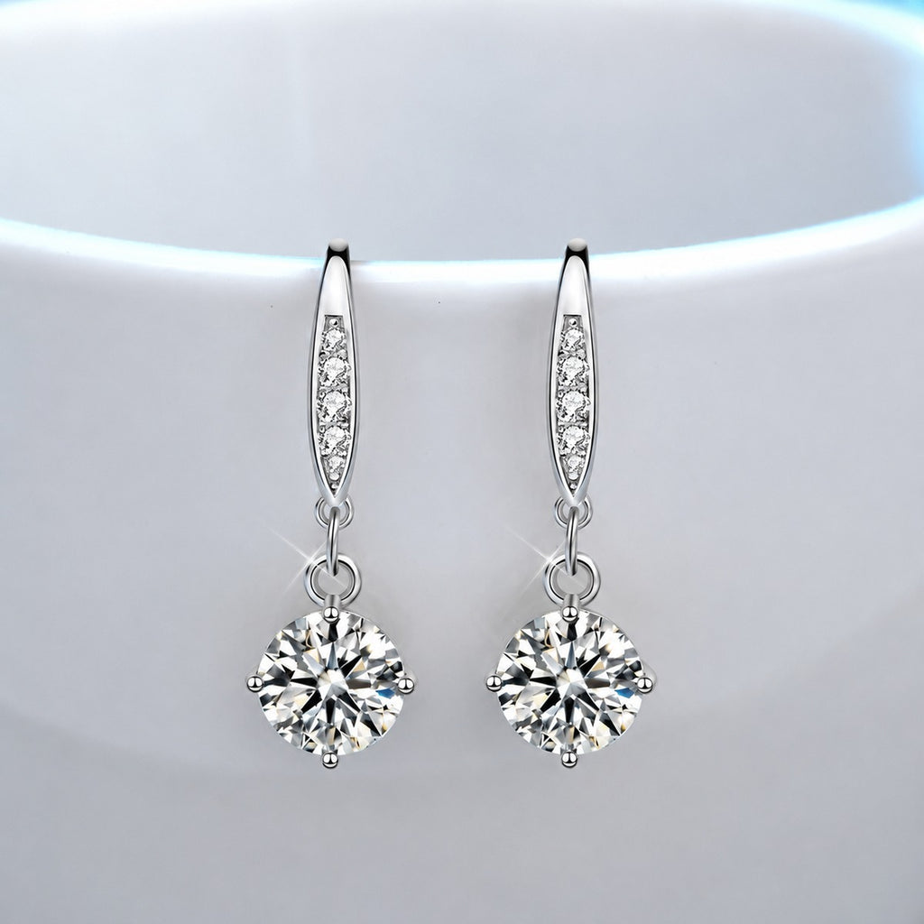 Round Moissanite Solitaire Hook Dangle Earrings in White Gold-Plated S925 sterling silver product scene view showing front sparkle