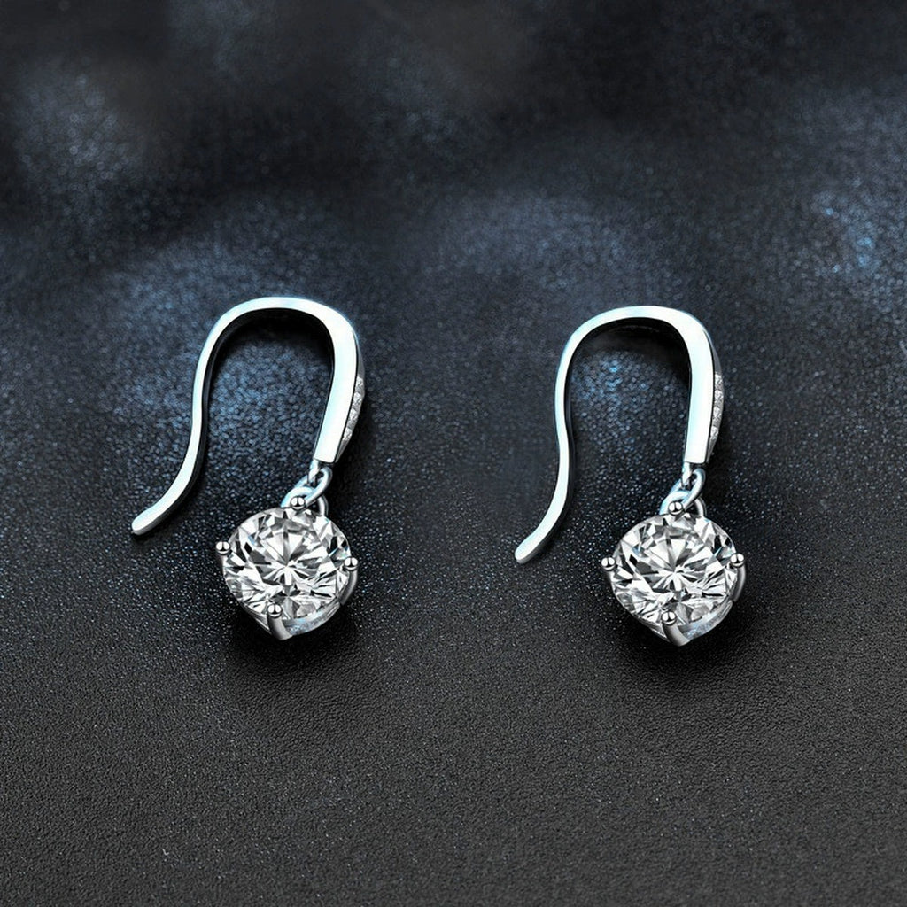 Round Moissanite Solitaire Hook Dangle Earrings in White Gold-Plated S925 sterling silver product scene view showing angled setting detail