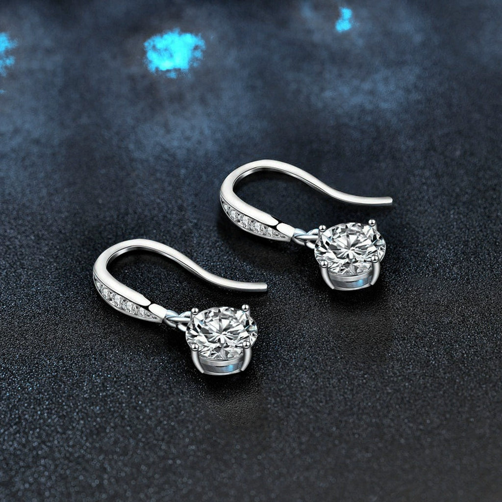 Round Moissanite Solitaire Hook Dangle Earrings in White Gold-Plated S925 sterling silver product scene view showing side profile
