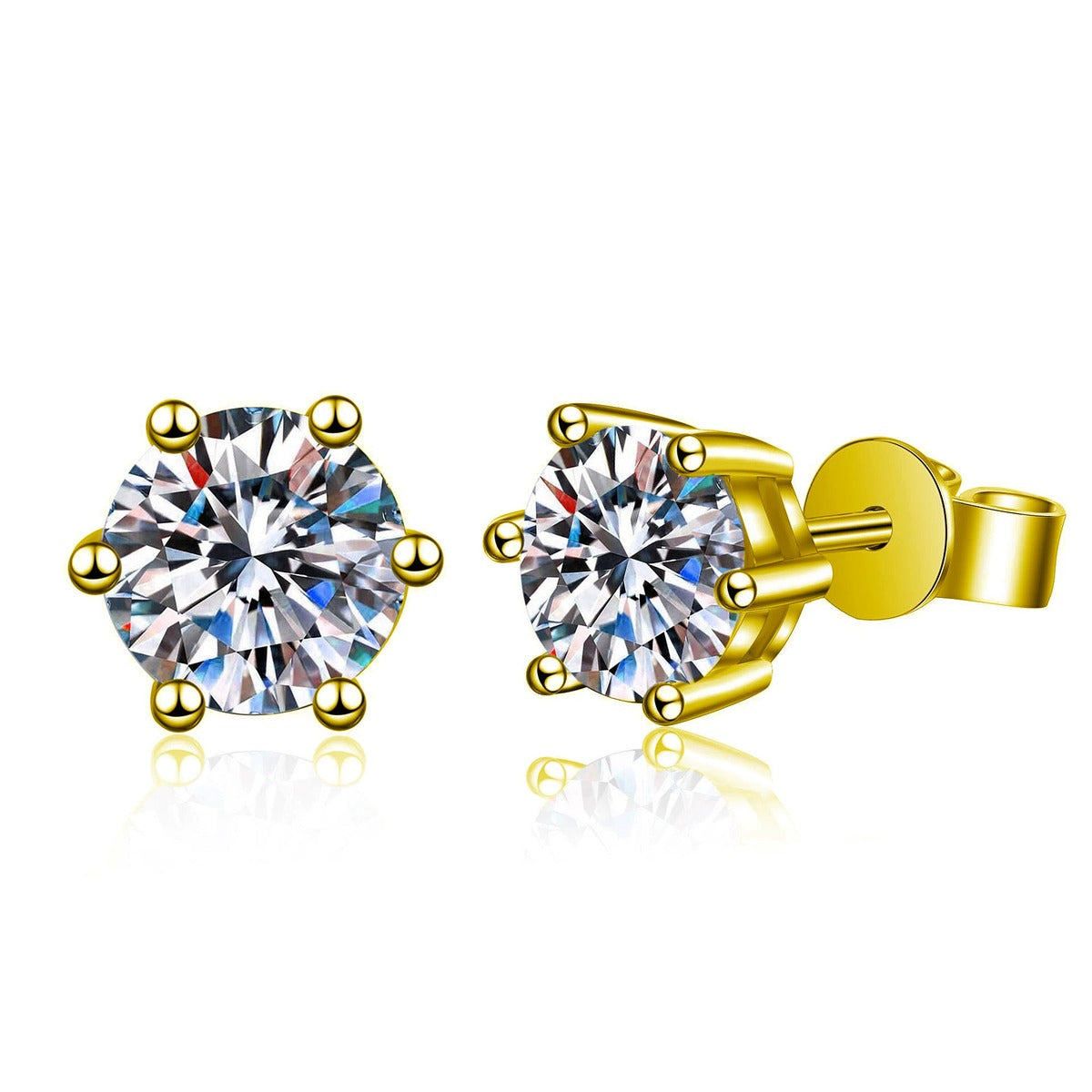Six-Prong Colored Moissanite Stud Earrings in Gold-Plated S925 sterling silver white background product photo showing the pair, stone shape, and stud earrings silhouette