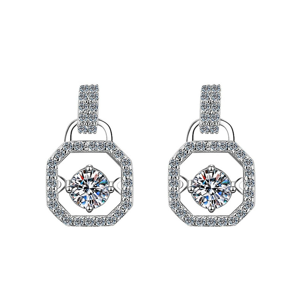 Geometric Round Moissanite Stud Drop Earrings with CZ in White Gold-Plated S925 sterling silver white background product photo showing the pair, stone shape, and stud earrings silhouette
