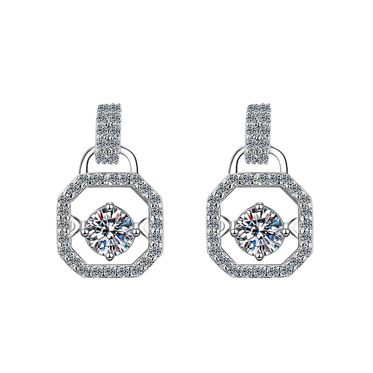 Geometric Round Moissanite Stud Drop Earrings with CZ in White Gold-Plated S925 sterling silver white background product photo showing the pair, stone shape, and stud earrings silhouette