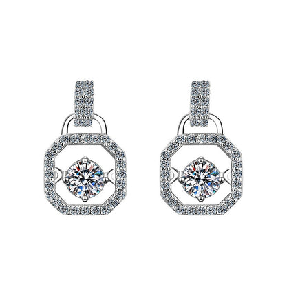 Geometric Round Moissanite Stud Drop Earrings with CZ in White Gold-Plated S925 sterling silver white background product photo showing the pair, stone shape, and stud earrings silhouette