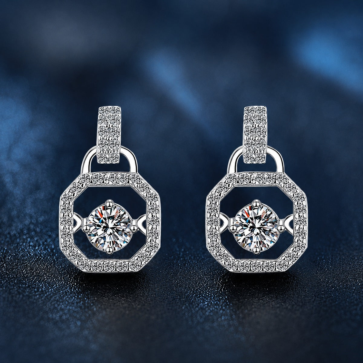 Geometric Round Moissanite Stud Drop Earrings with CZ in White Gold-Plated S925 sterling silver product scene view showing front sparkle