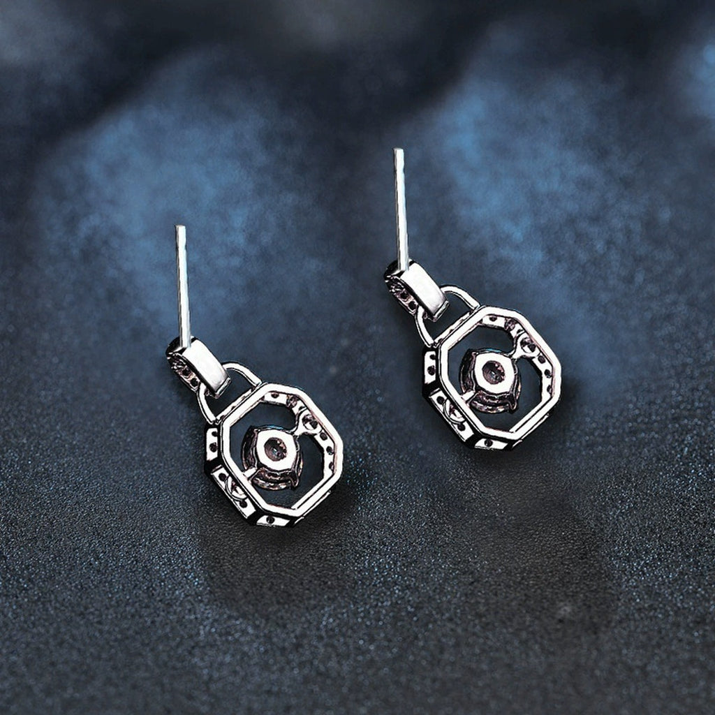 Geometric Round Moissanite Stud Drop Earrings with CZ in White Gold-Plated S925 sterling silver product scene view showing angled setting detail