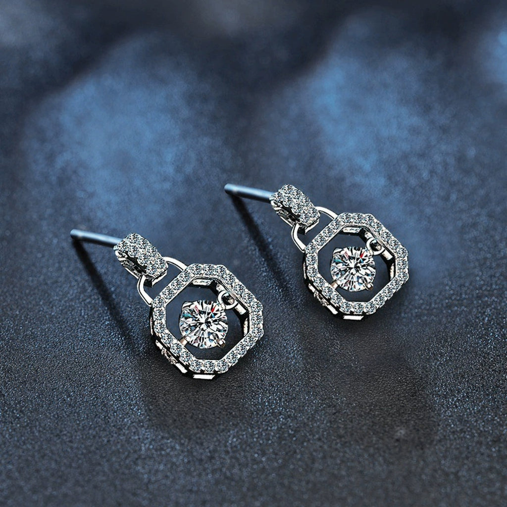 Geometric Round Moissanite Stud Drop Earrings with CZ in White Gold-Plated S925 sterling silver product scene view showing side profile