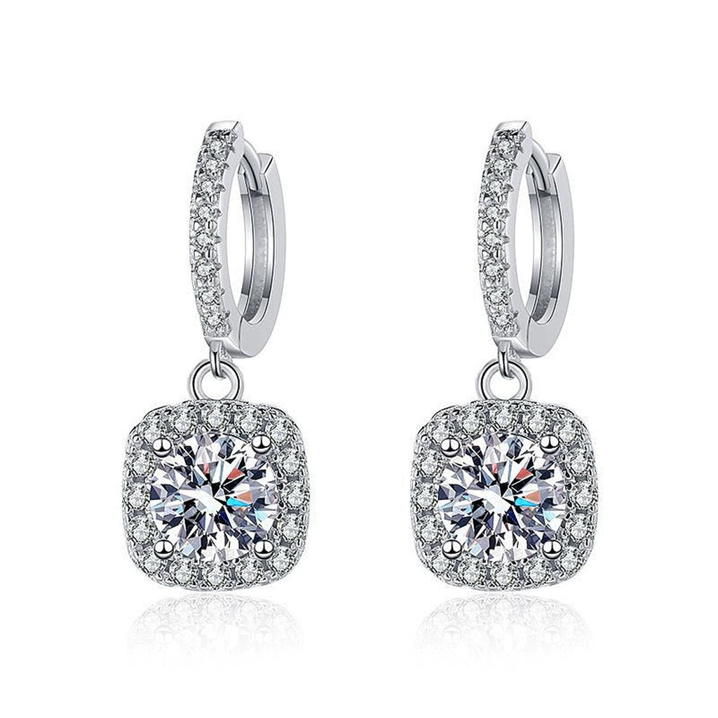 Cushion Halo Round Moissanite Hoop Dangle Earrings with CZ in White Gold-Plated S925 sterling silver white background product photo showing the pair, stone shape, and hoop dangle earrings silhouette