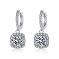 Cushion Halo Round Moissanite Hoop Dangle Earrings with CZ in White Gold-Plated S925 sterling silver white background product photo showing the pair, stone shape, and hoop dangle earrings silhouette