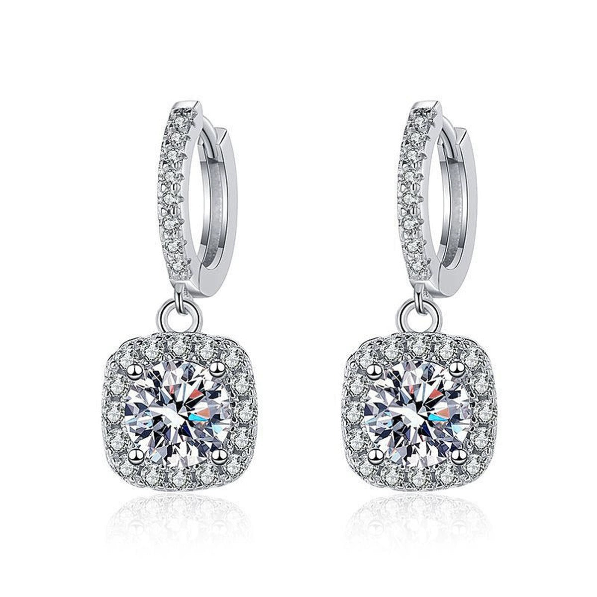 Cushion Halo Round Moissanite Hoop Dangle Earrings with CZ in White Gold-Plated S925 sterling silver white background product photo showing the pair, stone shape, and hoop dangle earrings silhouette