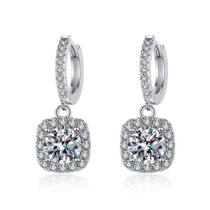 Cushion Halo Round Moissanite Hoop Dangle Earrings with CZ in White Gold-Plated S925 sterling silver white background product photo showing the pair, stone shape, and hoop dangle earrings silhouette
