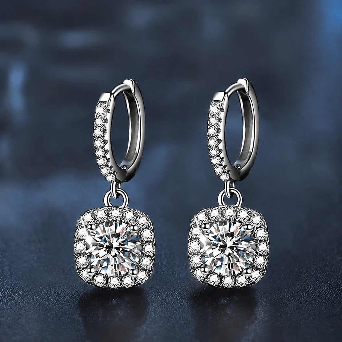 Cushion Halo Round Moissanite Hoop Dangle Earrings with CZ in White Gold-Plated S925 sterling silver product scene view showing front sparkle