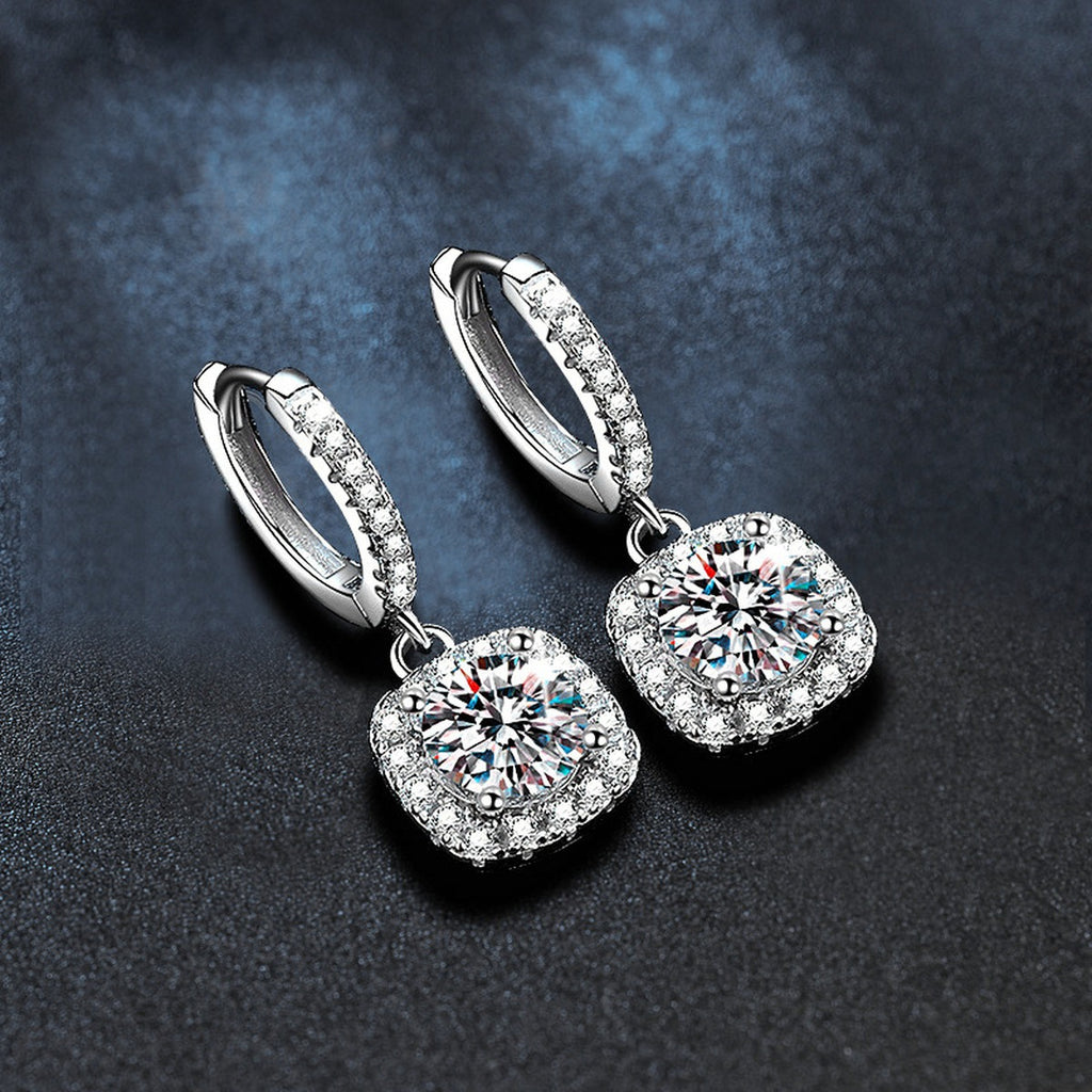 Cushion Halo Round Moissanite Hoop Dangle Earrings with CZ in White Gold-Plated S925 sterling silver product scene view showing angled setting detail