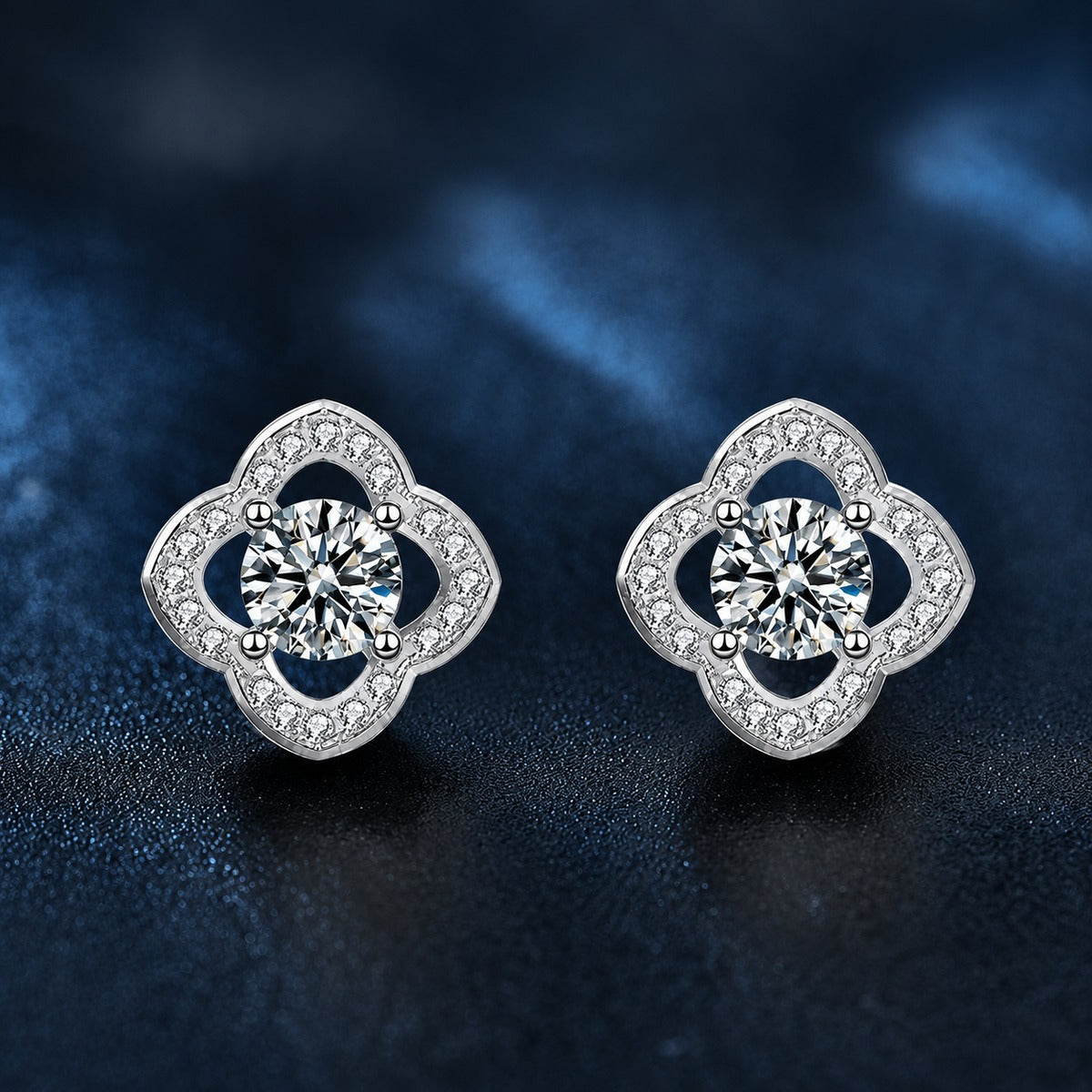 Four-Leaf Clover Round Moissanite Stud Earrings with CZ in White Gold-Plated S925 sterling silver product scene view showing front sparkle