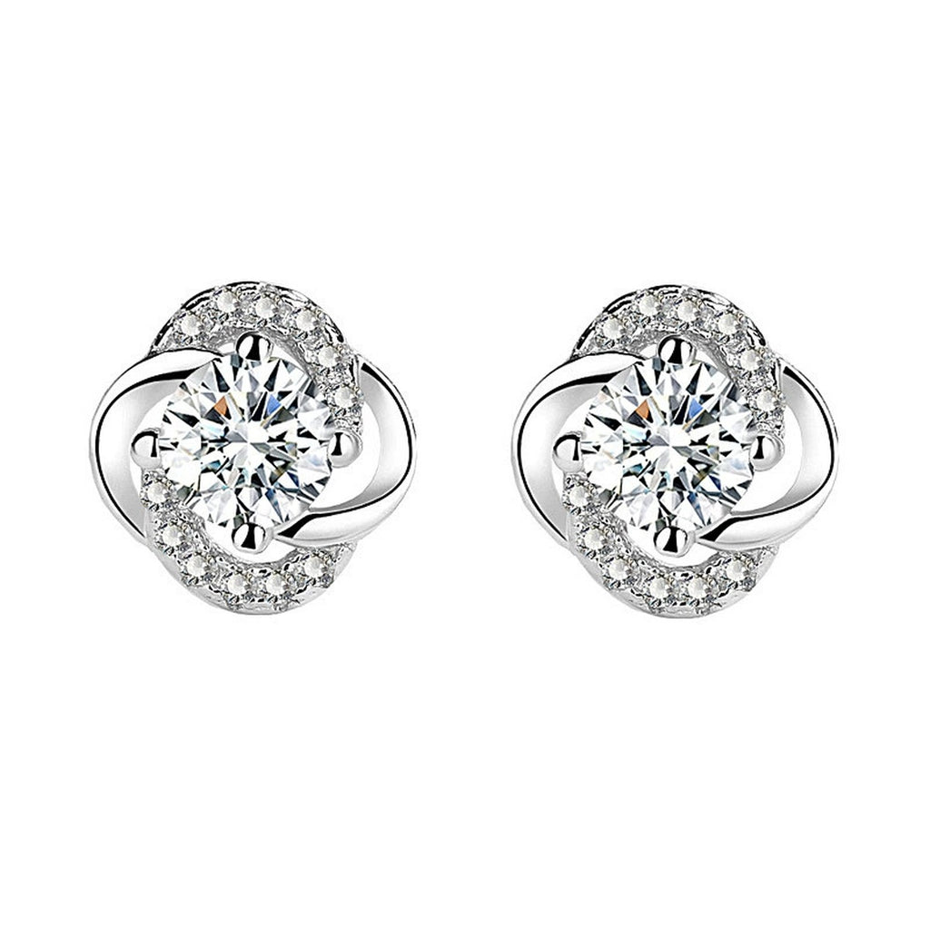 Floral Colored Moissanite Stud Earrings with CZ in White Gold-Plated S925 sterling silver white background product photo showing the pair, stone shape, and stud earrings silhouette