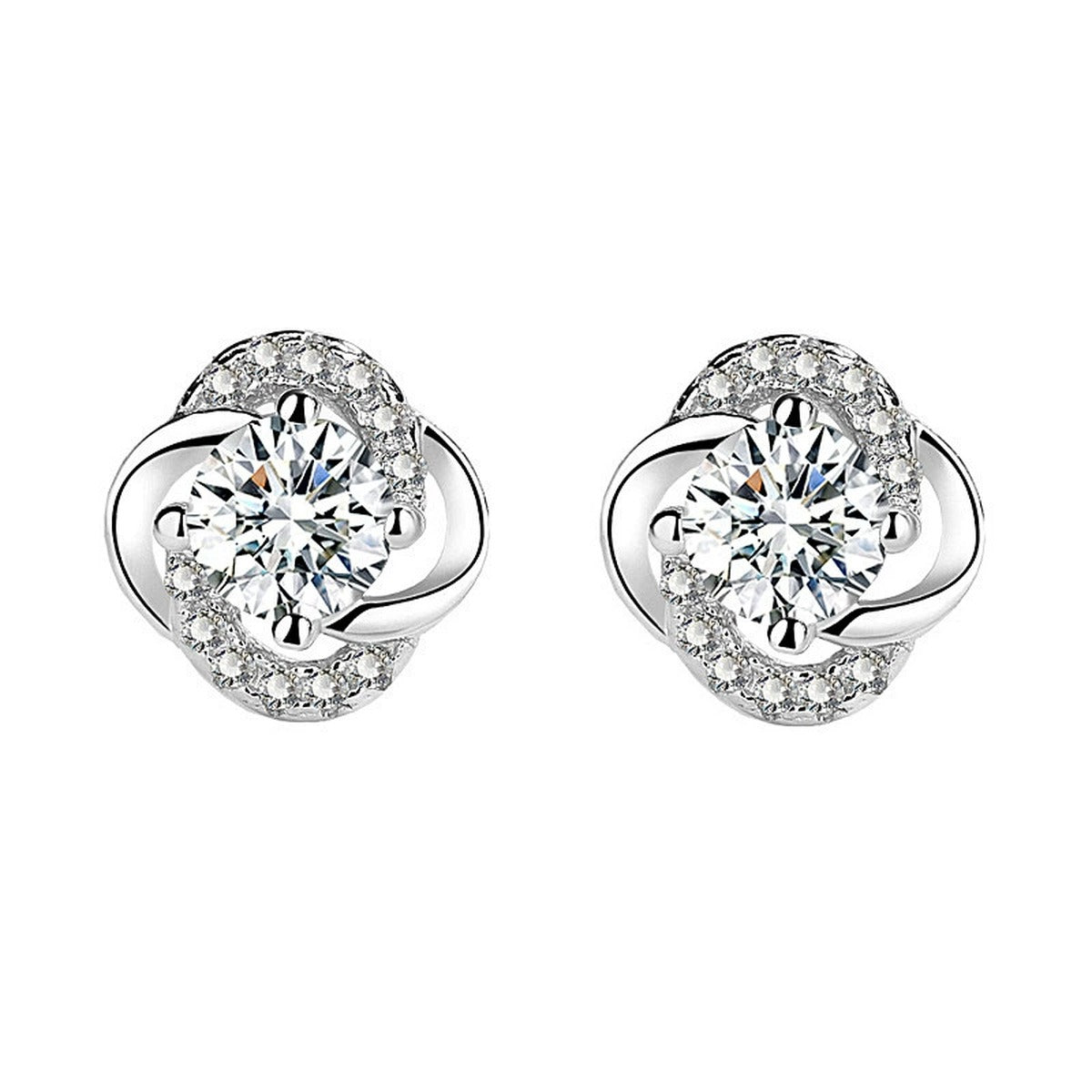 Floral Colored Moissanite Stud Earrings with CZ in White Gold-Plated S925 sterling silver white background product photo showing the pair, stone shape, and stud earrings silhouette