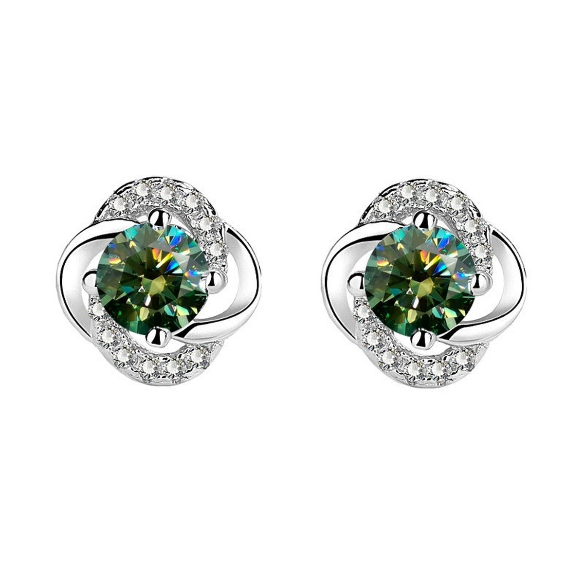 Floral Colored Moissanite Stud Earrings with CZ in White Gold-Plated S925 sterling silver product scene view showing front sparkle