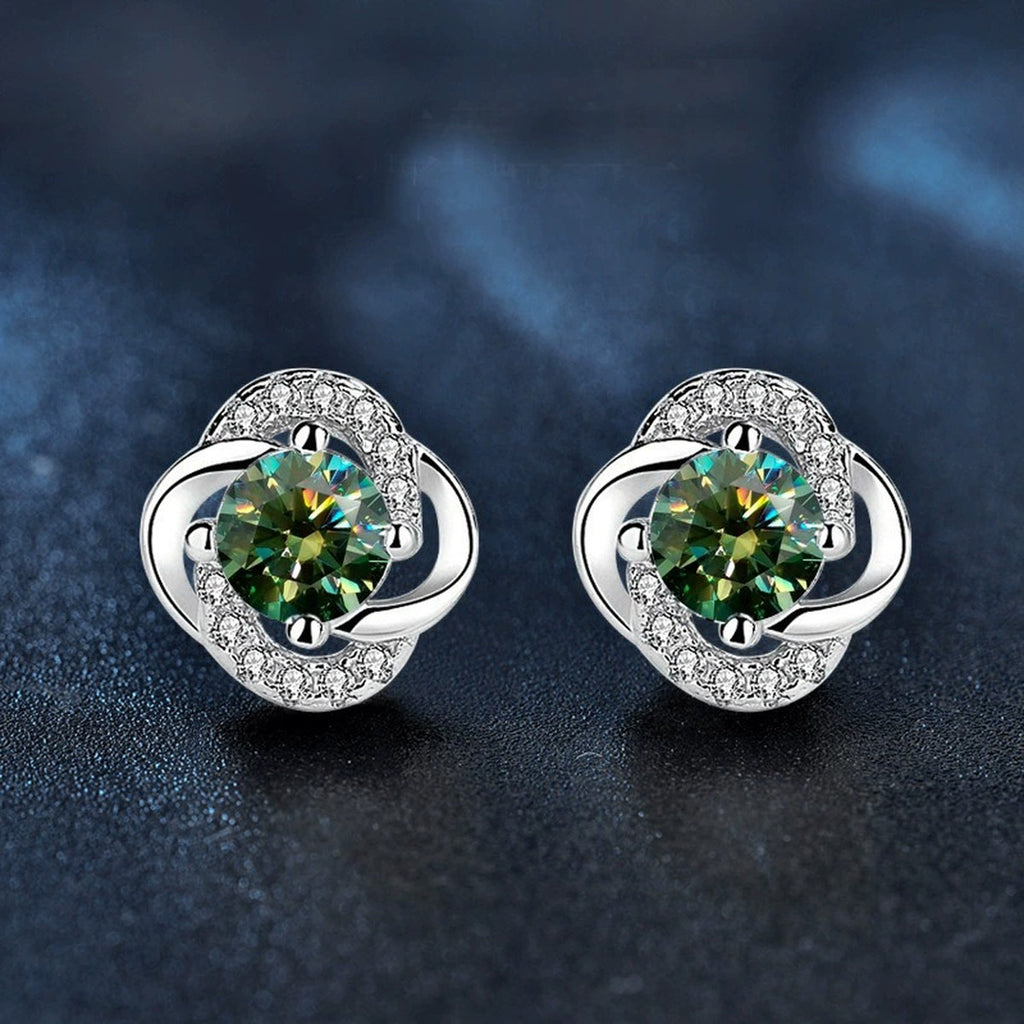 Floral Colored Moissanite Stud Earrings with CZ in White Gold-Plated S925 sterling silver product scene view showing pair comparison