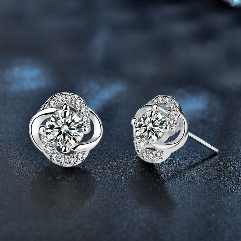 Floral Colored Moissanite Stud Earrings with CZ in White Gold-Plated S925 sterling silver product scene view showing pair comparison