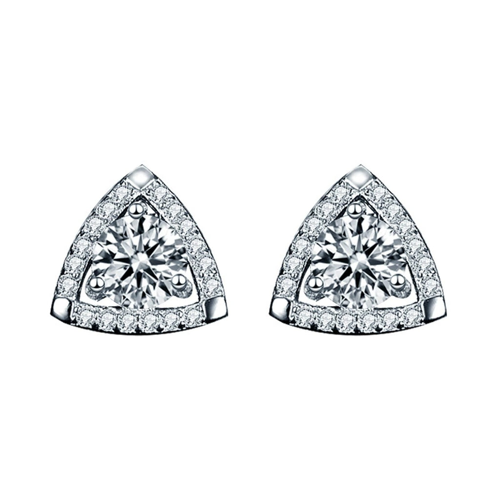 Triangle Round Moissanite Stud Earrings with CZ in White Gold-Plated S925 sterling silver white background product photo showing the pair, stone shape, and stud earrings silhouette