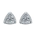 Triangle Round Moissanite Stud Earrings with CZ in White Gold-Plated S925 sterling silver white background product photo showing the pair, stone shape, and stud earrings silhouette