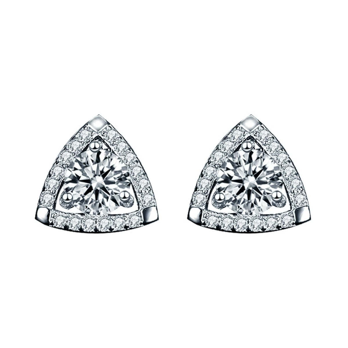 Triangle Round Moissanite Stud Earrings with CZ in White Gold-Plated S925 sterling silver white background product photo showing the pair, stone shape, and stud earrings silhouette