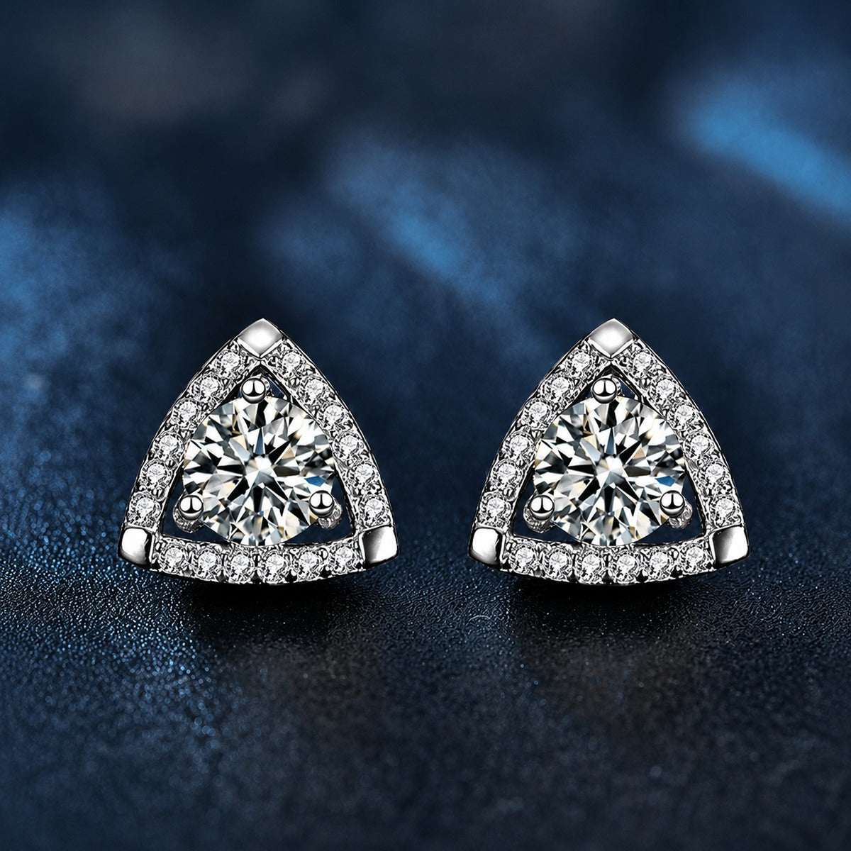 Triangle Round Moissanite Stud Earrings with CZ in White Gold-Plated S925 sterling silver product scene view showing front sparkle