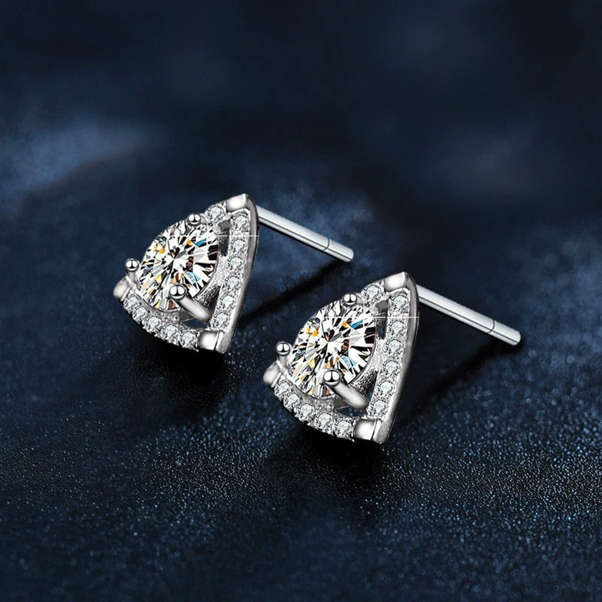 Triangle Round Moissanite Stud Earrings with CZ in White Gold-Plated S925 sterling silver product scene view showing angled setting detail