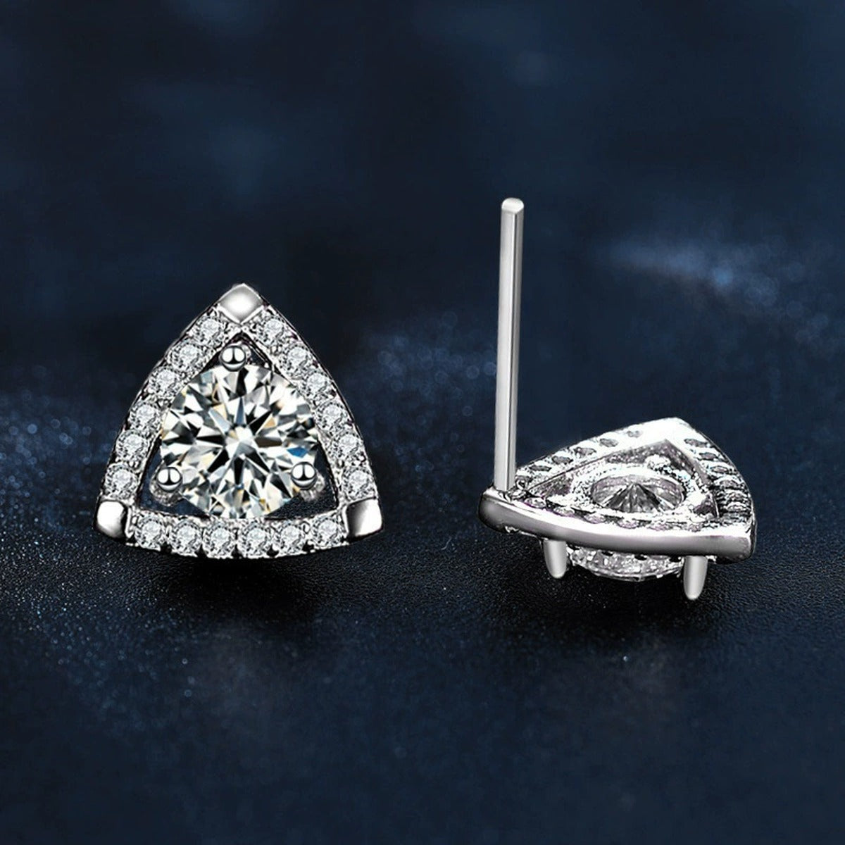 Triangle Round Moissanite Stud Earrings with CZ in White Gold-Plated S925 sterling silver product scene view showing side profile