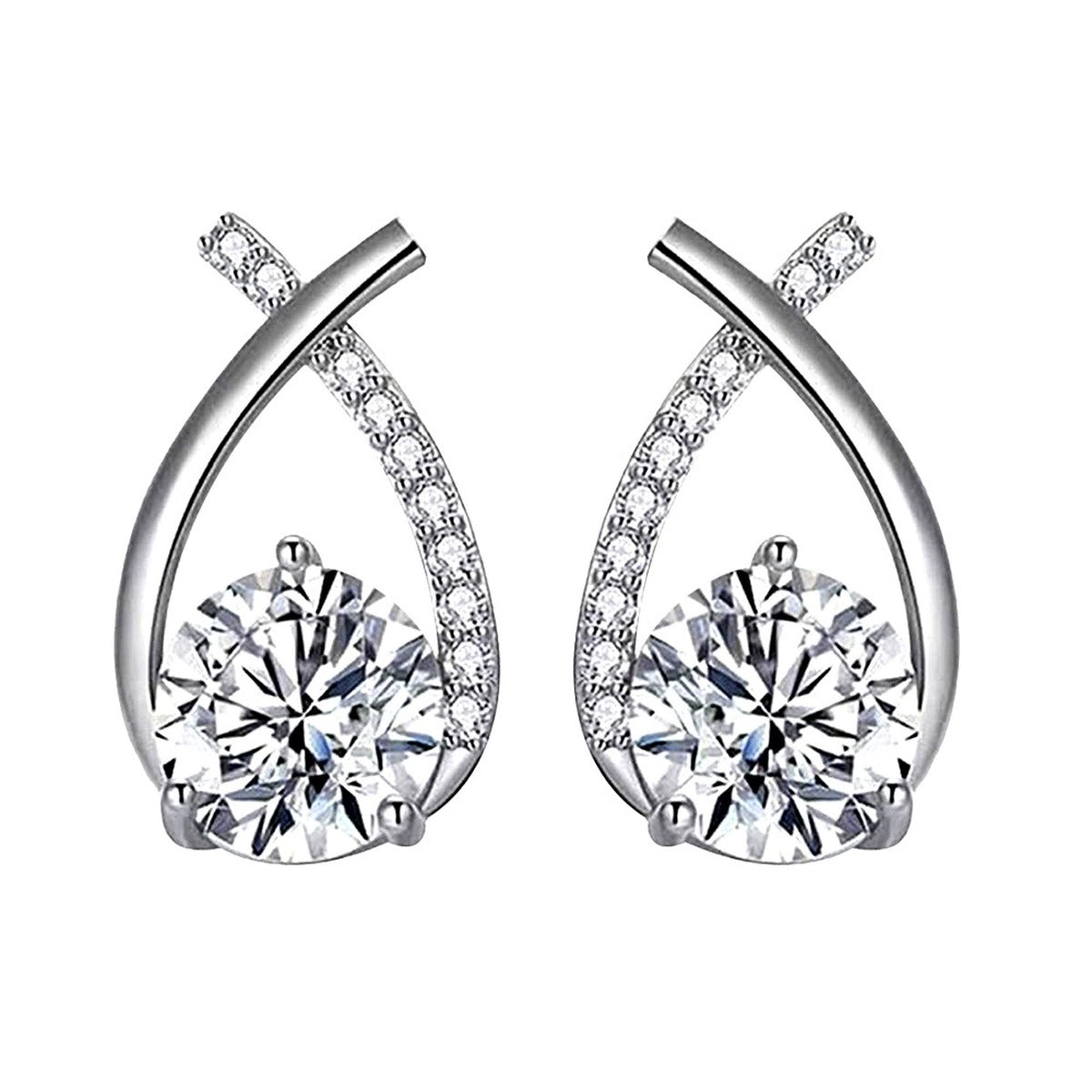 Teardrop Round Moissanite Stud Drop Earrings with CZ in Gold-Plated S925 sterling silver white background product photo showing the pair, stone shape, and stud earrings silhouette