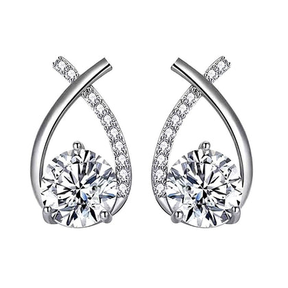 Teardrop Round Moissanite Stud Drop Earrings with CZ in Gold-Plated S925 sterling silver white background product photo showing the pair, stone shape, and stud earrings silhouette