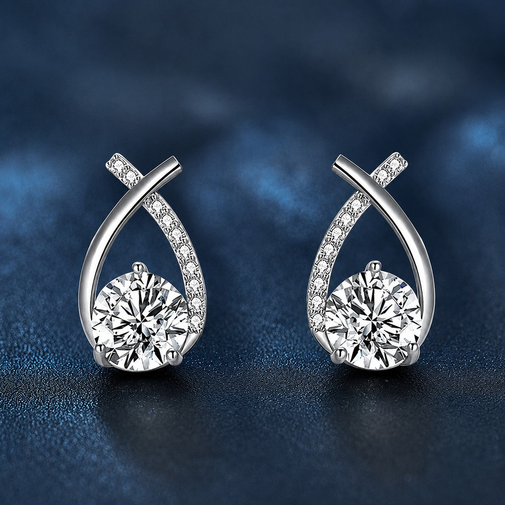 Teardrop Round Moissanite Stud Drop Earrings with CZ in Gold-Plated S925 sterling silver product scene view showing front sparkle