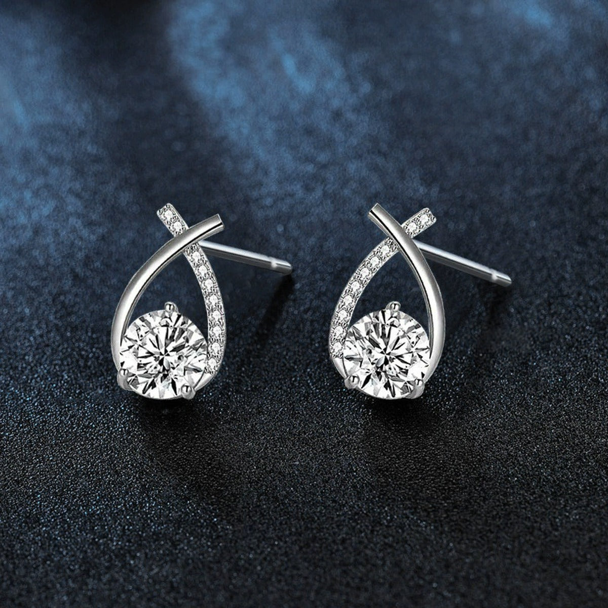 Teardrop Round Moissanite Stud Drop Earrings with CZ in Gold-Plated S925 sterling silver product scene view showing angled setting detail