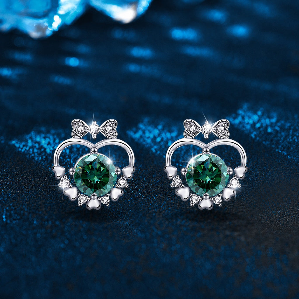 Bow Heart Green Moissanite Stud Earrings with CZ in White Gold-Plated S925 sterling silver product scene view showing front sparkle