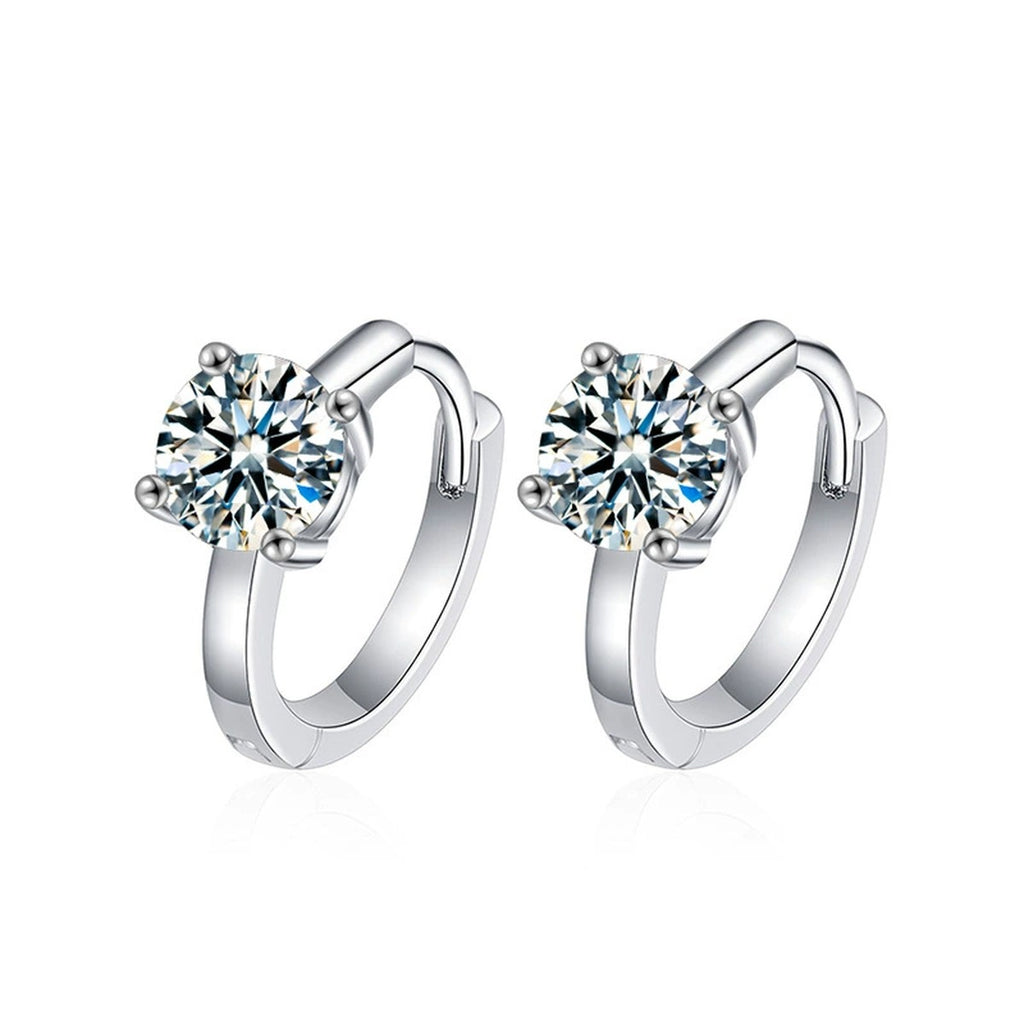 Four-Prong Round Moissanite Huggie Hoop Earrings in Gold-Plated S925 sterling silver product scene view showing front sparkle