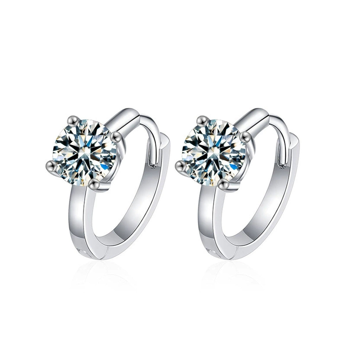 Four-Prong Round Moissanite Huggie Hoop Earrings in Gold-Plated S925 sterling silver product scene view showing front sparkle
