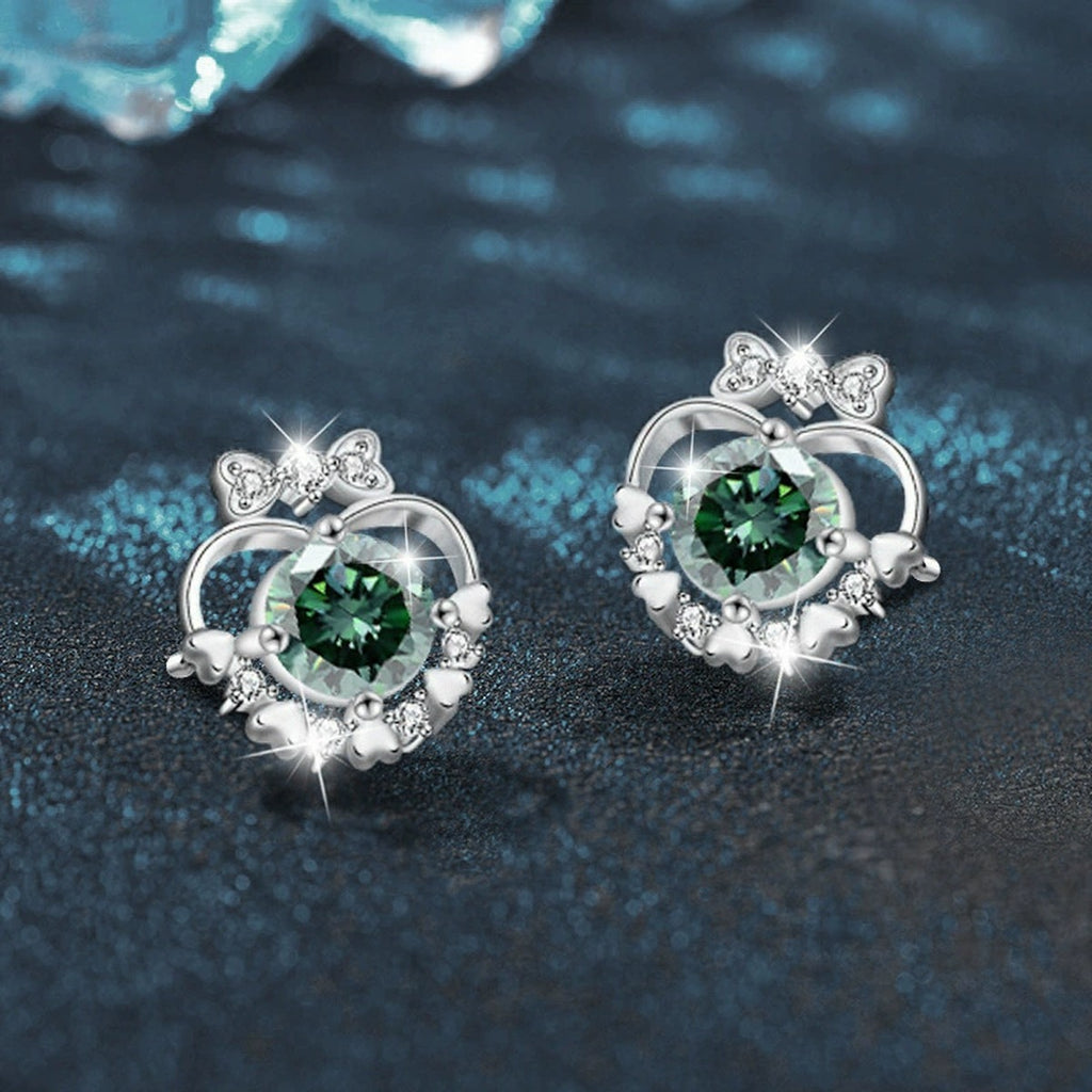 Bow Heart Green Moissanite Stud Earrings with CZ in White Gold-Plated S925 sterling silver product scene view showing angled setting detail