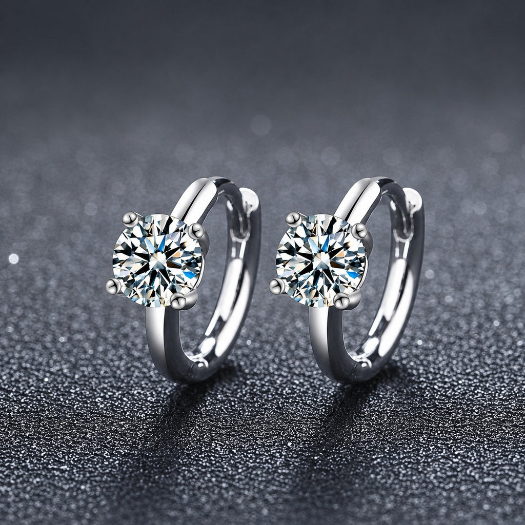 Four-Prong Round Moissanite Huggie Hoop Earrings in Gold-Plated S925 sterling silver product scene view showing angled setting detail