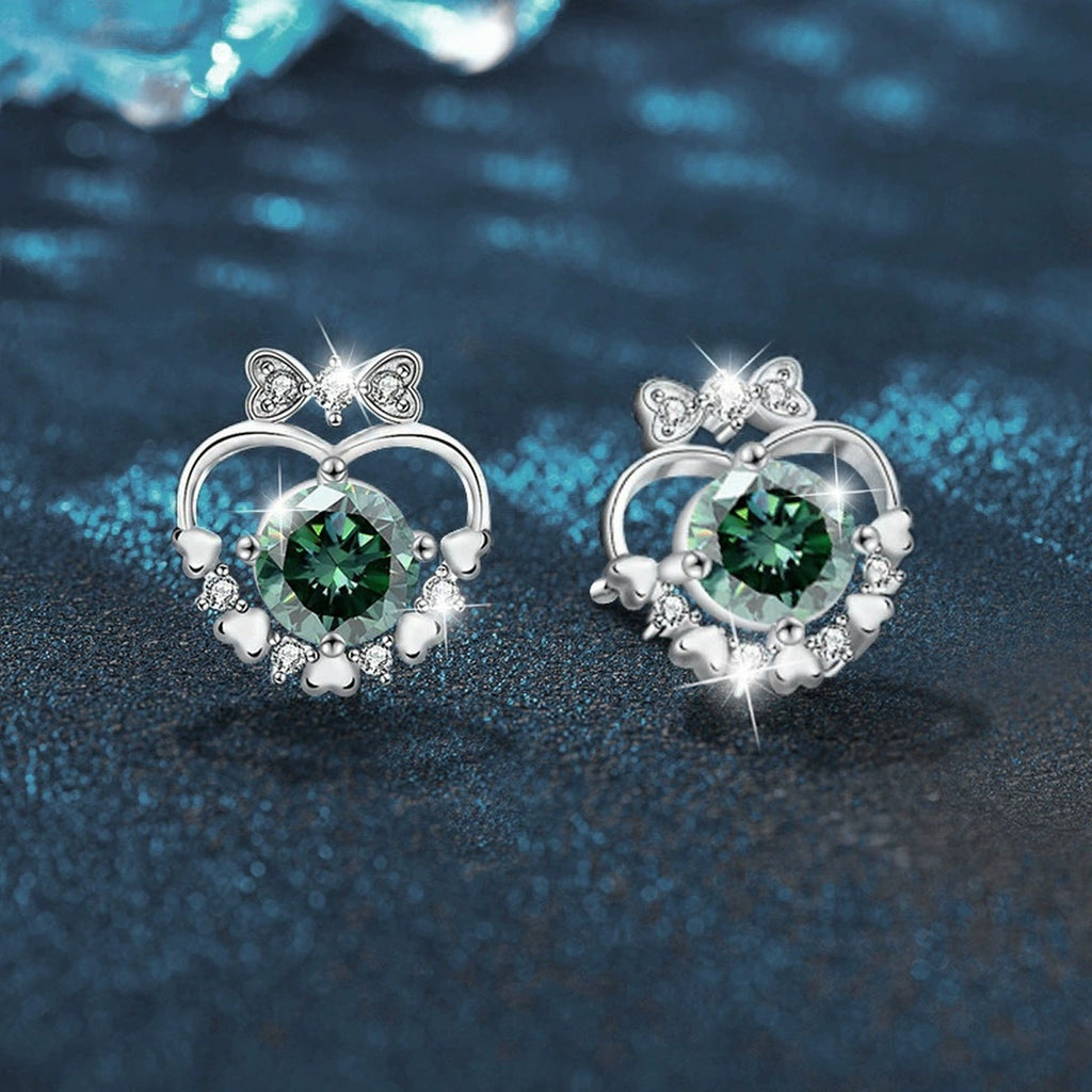 Bow Heart Green Moissanite Stud Earrings with CZ in White Gold-Plated S925 sterling silver product scene view showing side profile