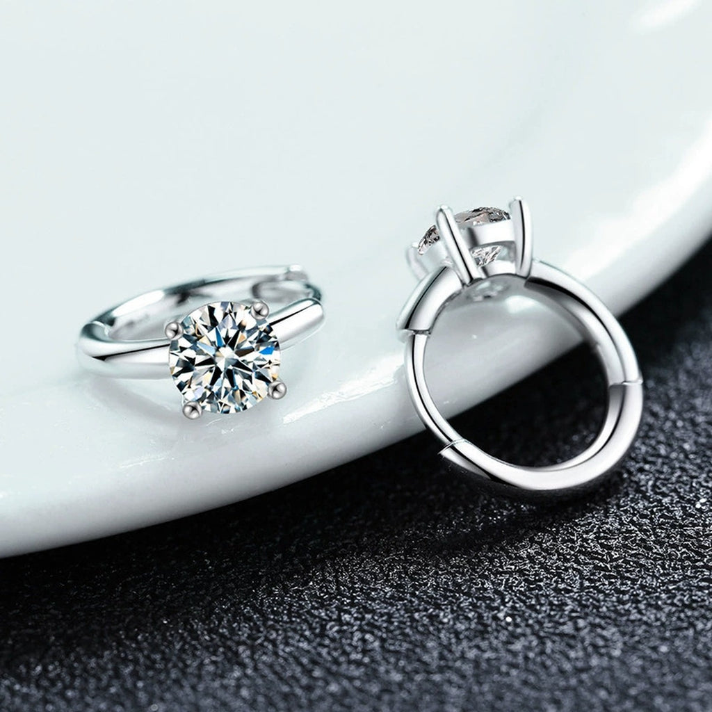 Four-Prong Round Moissanite Huggie Hoop Earrings in Gold-Plated S925 sterling silver product scene view showing side profile