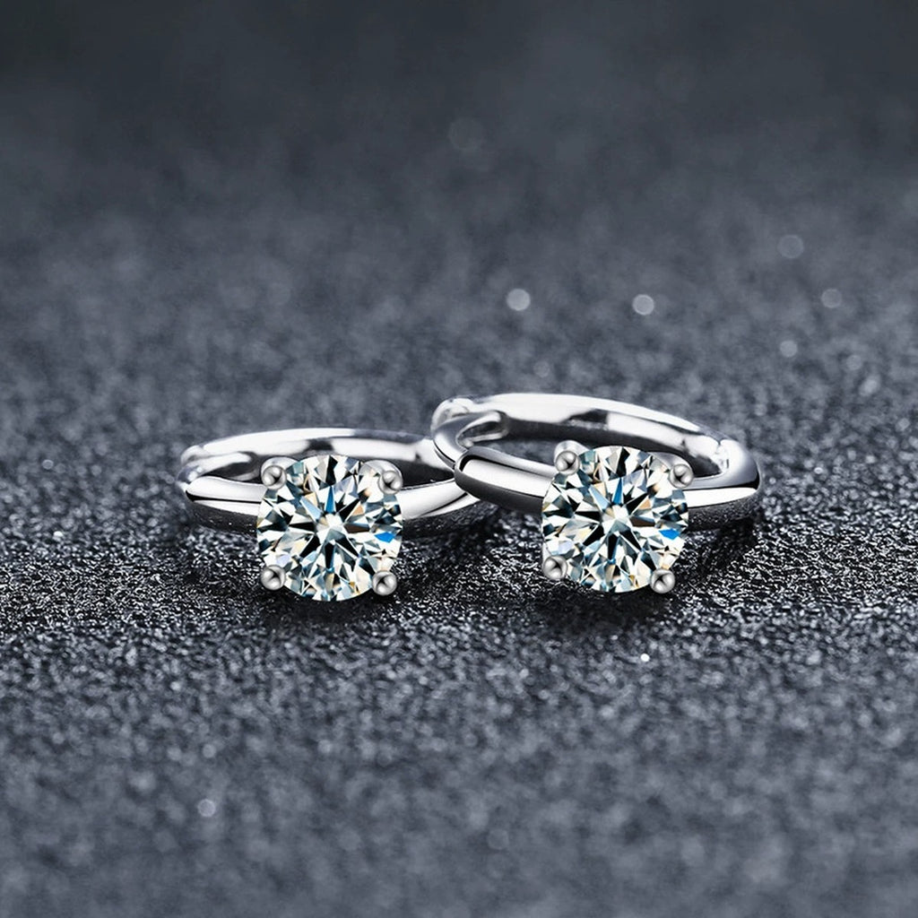Four-Prong Round Moissanite Huggie Hoop Earrings in Gold-Plated S925 sterling silver product scene view showing pair comparison