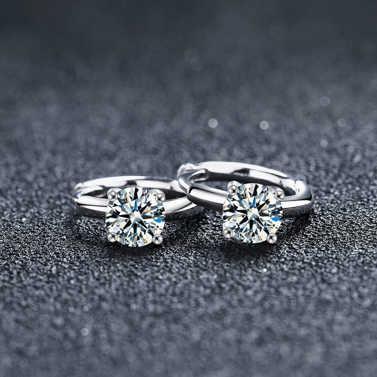 Four-Prong Round Moissanite Huggie Hoop Earrings in Gold-Plated S925 sterling silver product scene view showing pair comparison