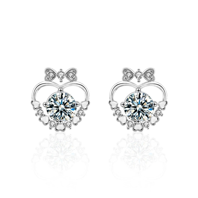 Bow Heart white Moissanite Stud Earrings with CZ in White Gold-Plated S925 sterling silver white background product photo showing the pair, stone shape, and stud earrings silhouette