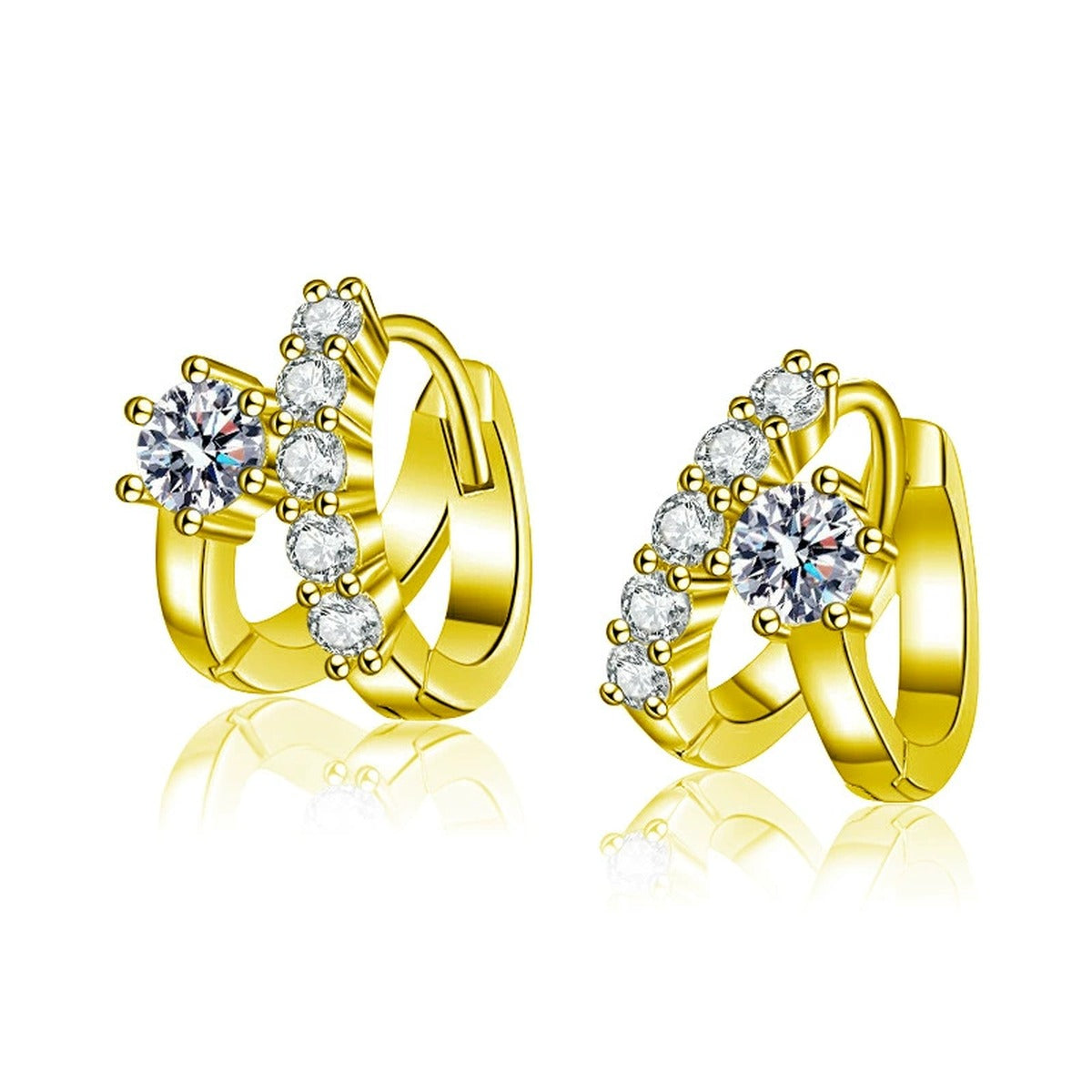 Floral Round Moissanite Huggie Hoop Earrings with CZ in Gold-Plated S925 sterling silver white background product photo showing the pair, stone shape, and huggie hoop earrings silhouette