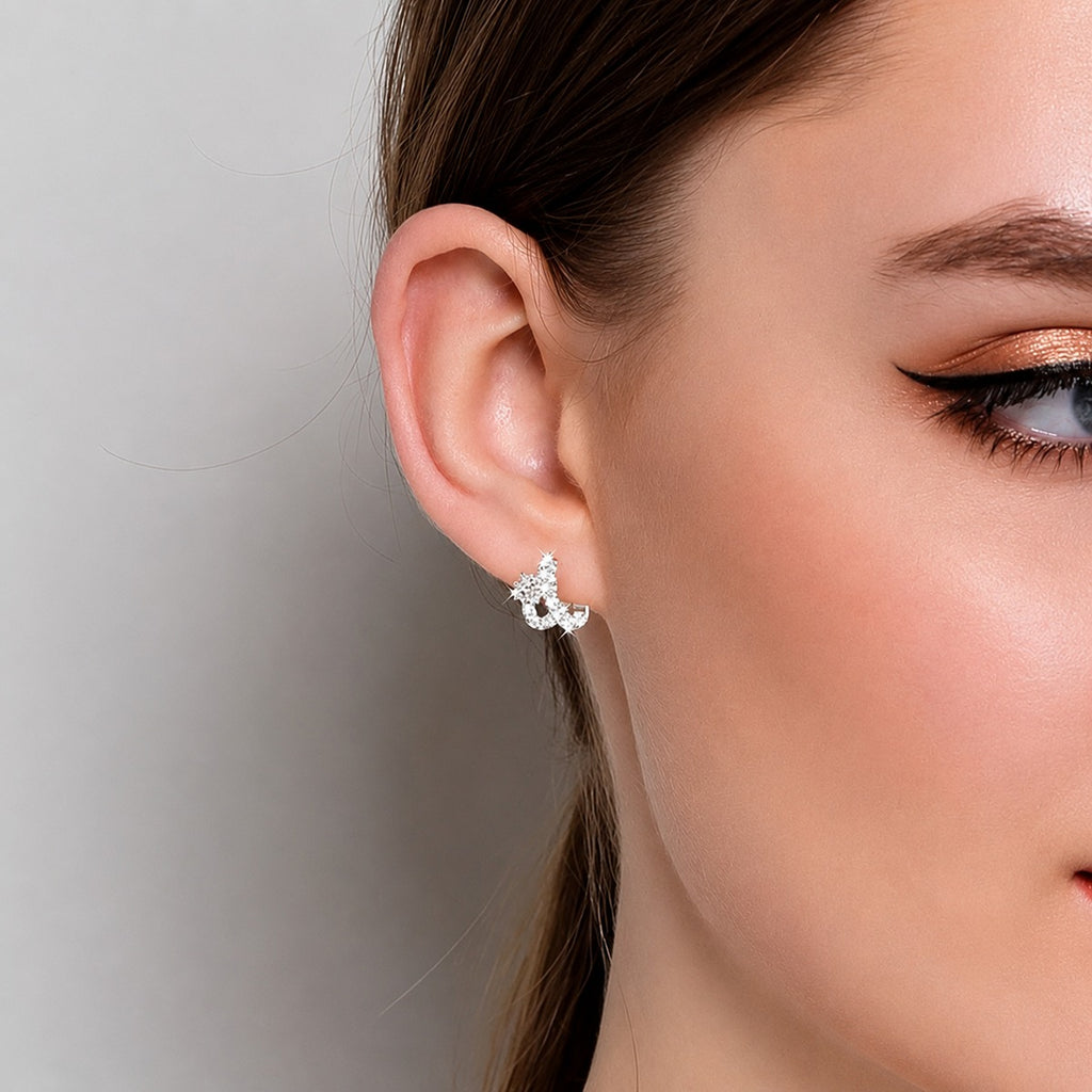 Floral Round Moissanite Huggie Hoop Earrings with CZ in Gold-Plated S925 sterling silver worn on ear by model showing scale, placement, and huggie hoop earrings styling