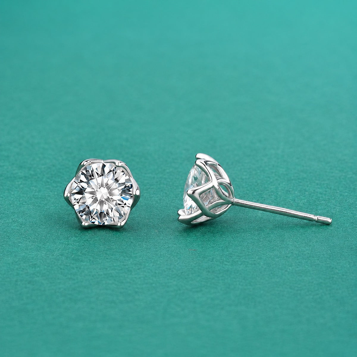 Six-Prong Round Moissanite Solitaire Stud Earrings in Gold-Plated S925 sterling silver product scene view showing angled setting detail